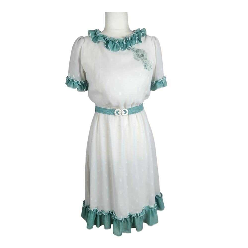 Vintage Belted Ruffle Mini Dress S/M Chiffon Rose Polka Dot Retro Dainty A-line